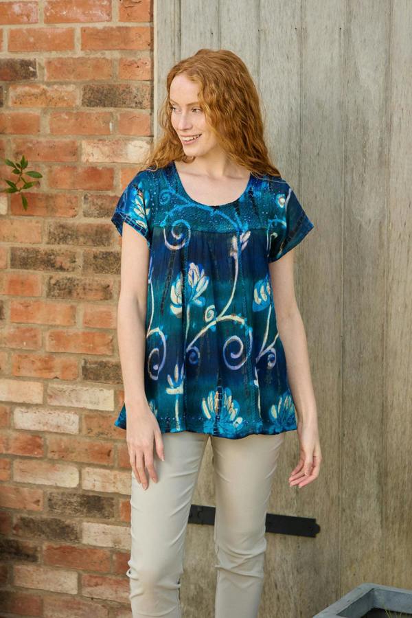 Mudflower Batik Floral Embellished Tie Dye Top