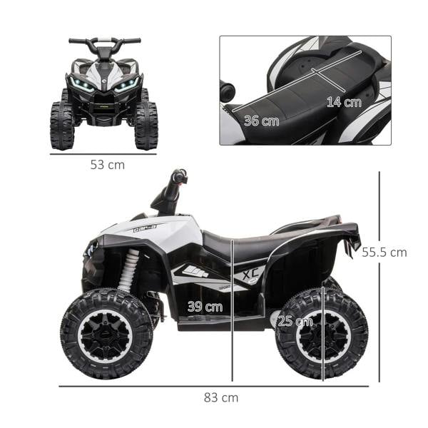 White electric quad bike with size measurements shown on front and side views