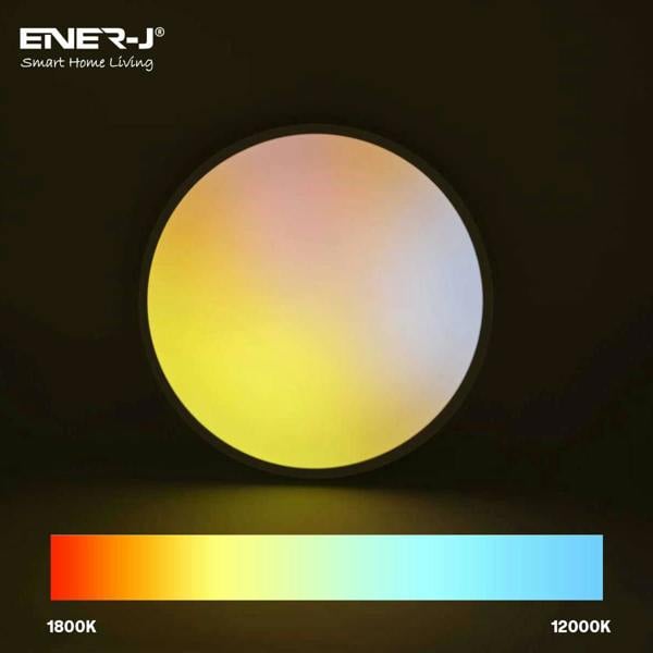 Light bulb with color temperature scale on a dark background, featuring the ENER-J brand.
