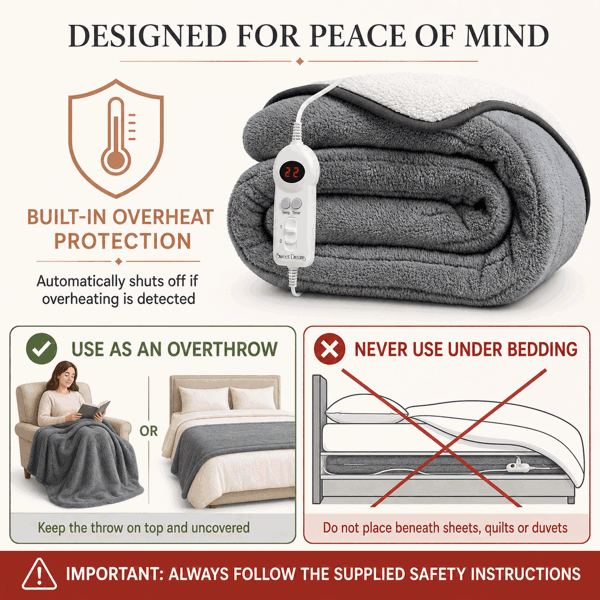 Sweet Dreams Heated Throw Electric Fleece, 9 Heat and 9 Timer Auto Shut Off - Digital Control - Machine Washable