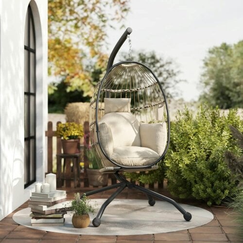 Bobobiy Hanging Egg Chair Garden Swing Chair with Folding Basket and Thickened Cushion, Garden Hanging Chair with Stand, Headrest, Cup Holder, Khaki