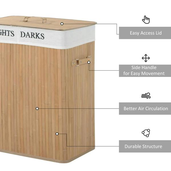 Natural wood laundry hamper with side handles, hinged fabric lid, and air circulation vents