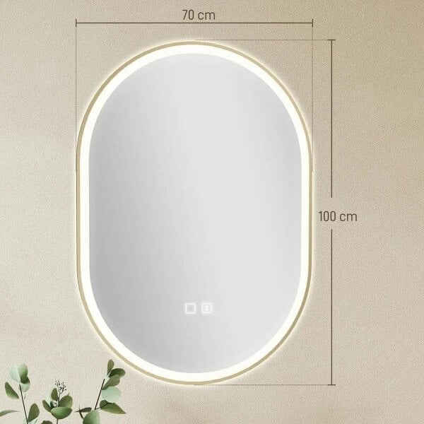 Bathroom Mirror with LED Lights, 100x70cm Oval Bathroom Mirror, Dimmable, Bluetooth, Anti-Fog, Gold Tone
