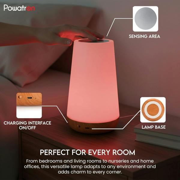 Powatron LED Night Light - RGB 13 Color Changing LED Touch Bedside Table Lamp With Timer Function - Rechargeable Remote Control