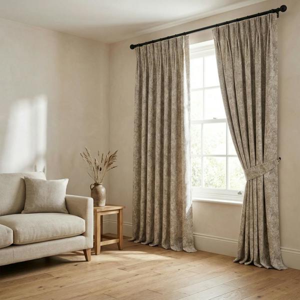 Murcia made-to-measure curtains in Mushroom, styled in a living room