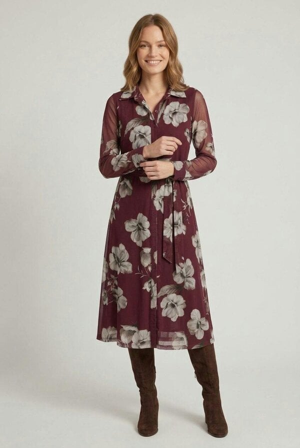 Izabel London Floral Sheer Layered Midi Shirt Dress