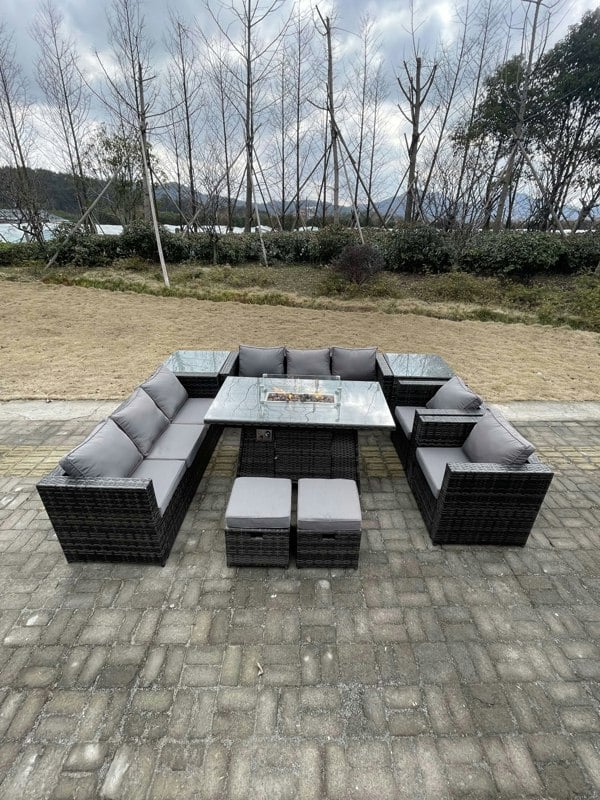 Fimous Rattan Outdoor Garden Furniture Set with Gas Firepit Dining Table, 2 Sofas, 2 Chairs, 2 Side Tables, 2 Footstools - 10 Seater - Dark Grey