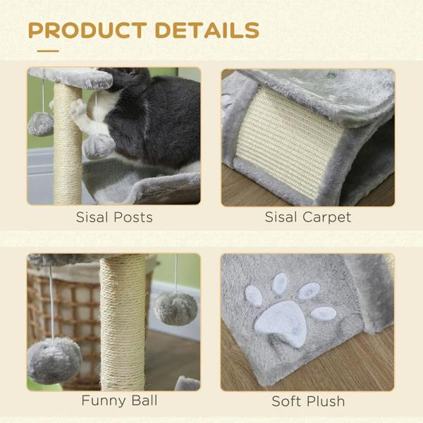 Grey cat tree with sisal posts, sisal carpet ramp, and soft plush base