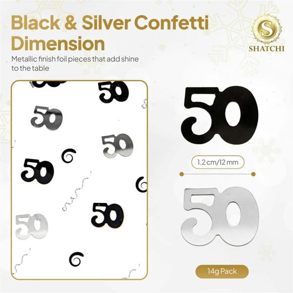 50th Birthday Black and Silver Metallic Confetti Pack for Party Tables and Decorations image 1