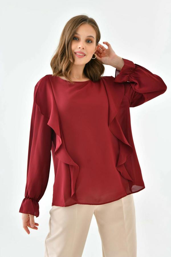 Hoxton Gal Oversized Frilled Front Blouse with Detailed Cuffs in Burgundy