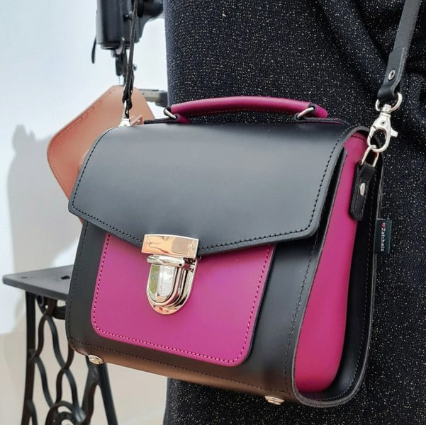 Zatchels Handmade Leather Two Tone Sugarcube Handbag Black - Magenta