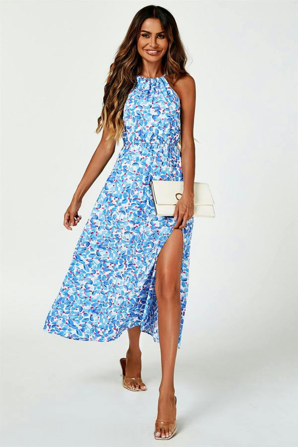 FS Collection Tie Halterneck Floral Print Split Maxi Dress In Blue
