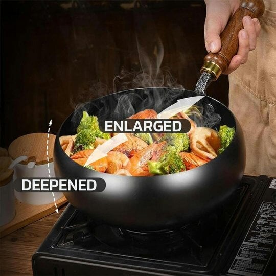 Havendro Uncoated Cast Iron Pot Wok Wooden Lid Handle Anti-Splatter Pan Soup Stock Pots