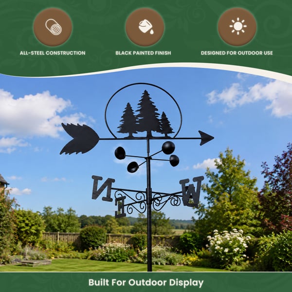 Trees Weathervane with Wind Speed Indicator Cups, All-Steel Black Finish, Wall Mount Fixings and 1.7m Ground Spike Option