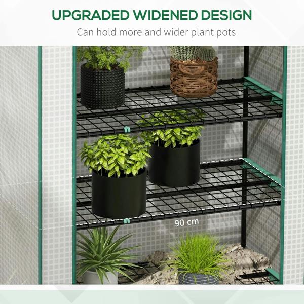 Mini greenhouse with white PE cover and black wire shelves holding potted plants
