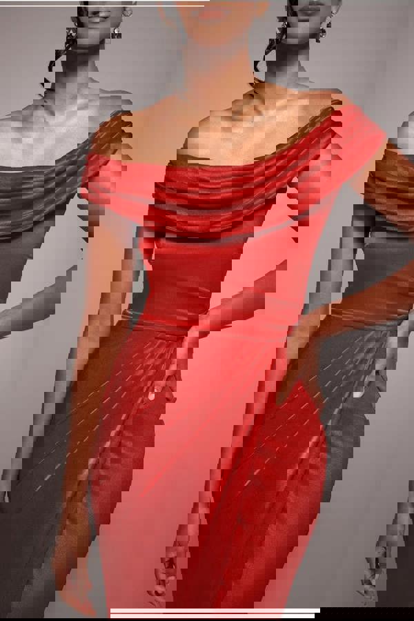 Cowl Bardot Satin Twill Maxi Dress - Red DR4010