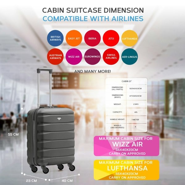 Flight Knight 55x40x23cm Lightweight 4 Wheel Cabin Carry On Suitcase