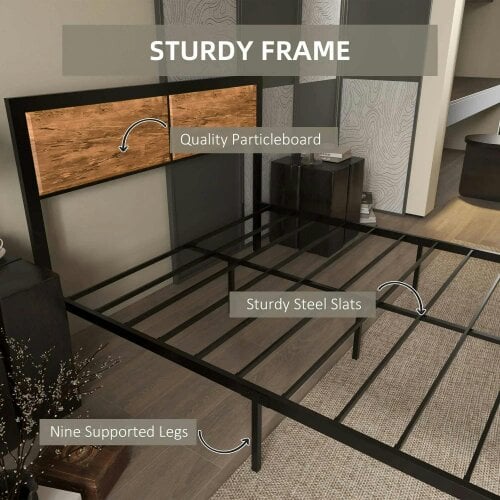 Industrial Double Bed Frame, 5FT Steel Bed Base with Headboard, Footboard, Slatted Support and Under Bed Storage, 142 x 195cm, Rustic Brown