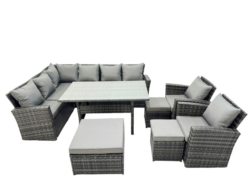 Fimous 11 Seat Rattan High Back Corner Sofa Set Patio Dining Table Set with 3 Stools 2 Chair Dark Grey Mixed