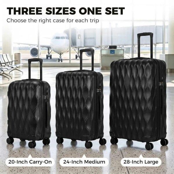 Bobobiy 3-Piece Suitcase Set, Hard Shell Carry On & Checked Luggage Set with TSA Lock, 20/24/28 Inch, Black