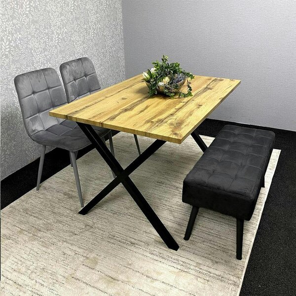 Kosy Koala Modern Dining Table Set with 2 Grey Velvet Chairs And Black Velvet Bench Dining Room Furniture