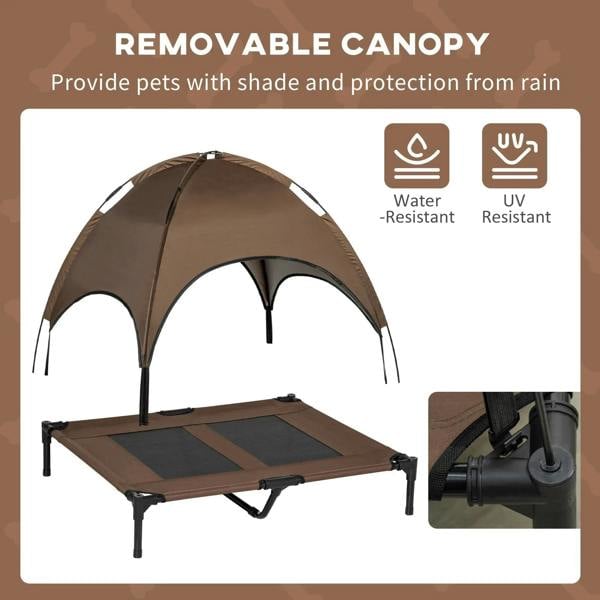 Elevated brown pet bed with removable canopy and raised waterproof cot frame