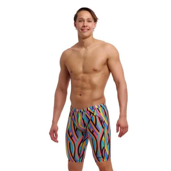Vibrant multi-colored Funky Trunks Curl Curl swim training jammer trunks