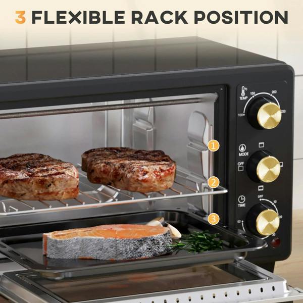 Black countertop oven interior with two wire racks and three gold control knobs