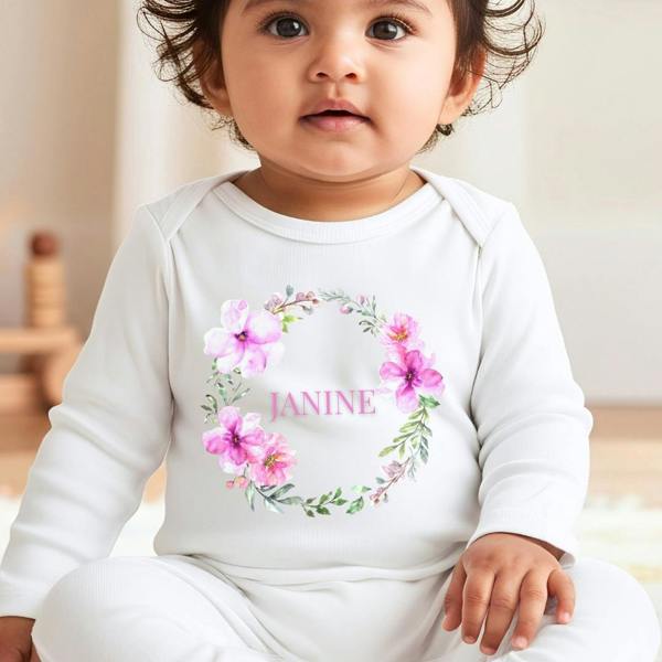 Personalised Pink Floral Wreath Baby Grow, Vest or Bib with Name