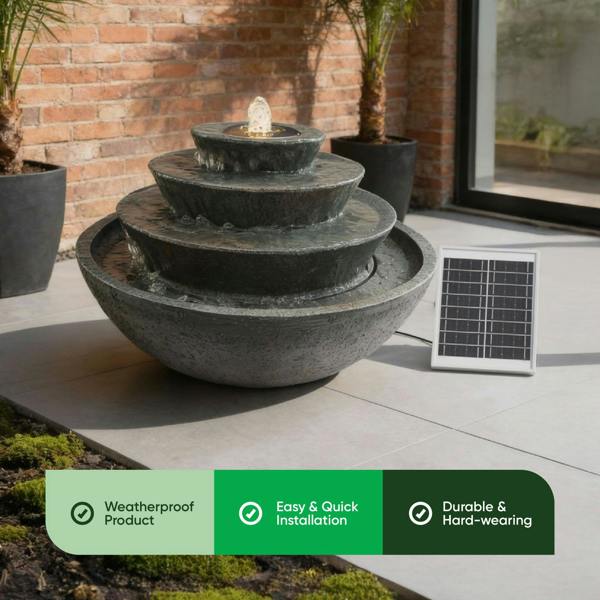 Gardenwize Solar Water Feature – Tiered Stacked Bowl Fountain with LED Lights & Battery Backup