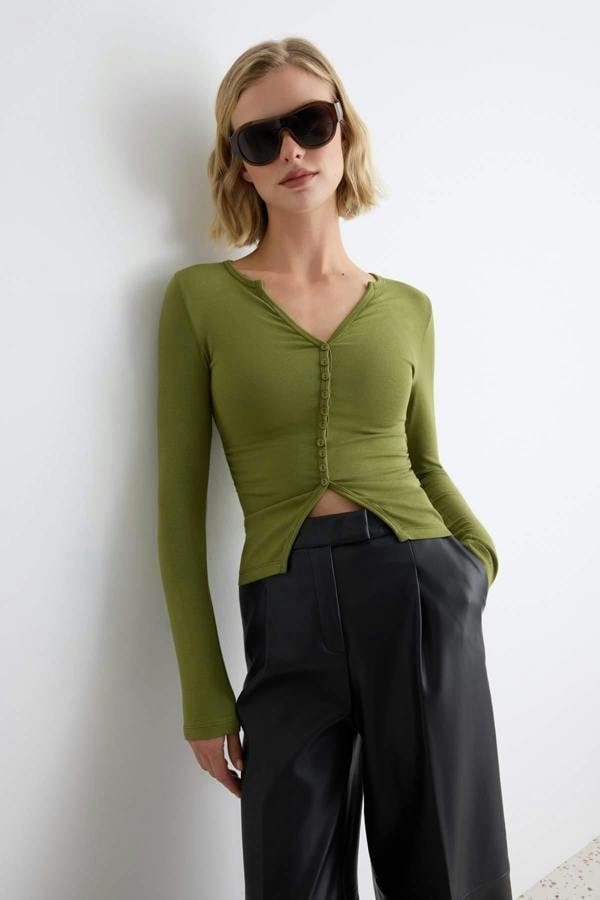 WOVCOR Fitted V Neck Button Front Long Sleeve Blouse - Khaki