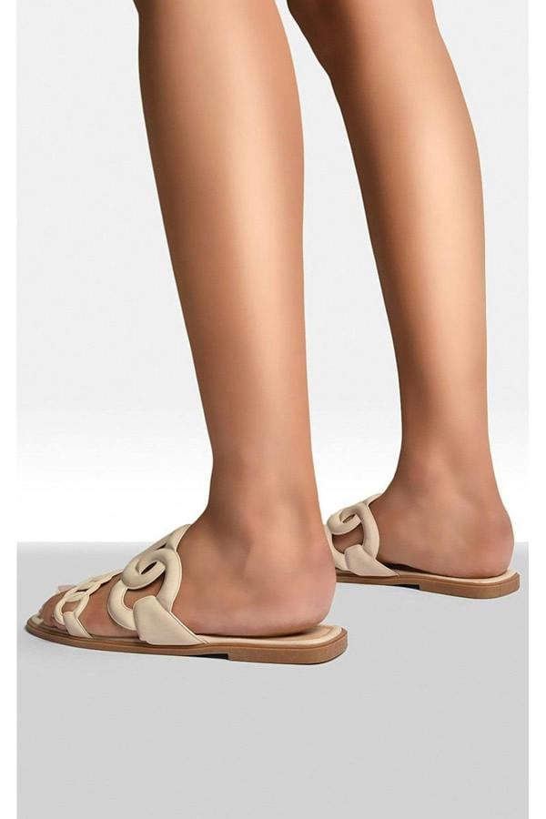 Betty Comfortable Flat Sandals With Double Leather Chain - Cream