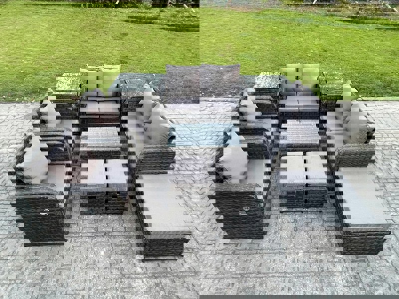 Fimous 9 Seater Dark Grey Mixed Rattan Outdoor Lounge Set - Rectangular Coffee Table, 3 Footstools, Loveseat & 2 Side Tables