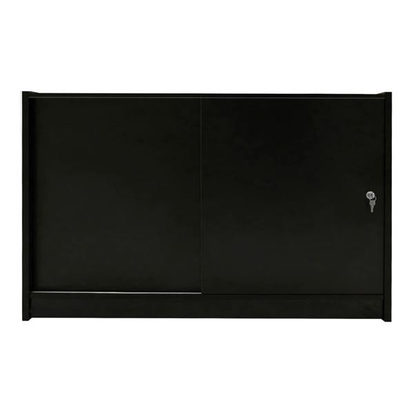 Sleek black LED retail shop counter C1500 with sliding doors and a lock, featuring a smooth, modern finish ideal for displays