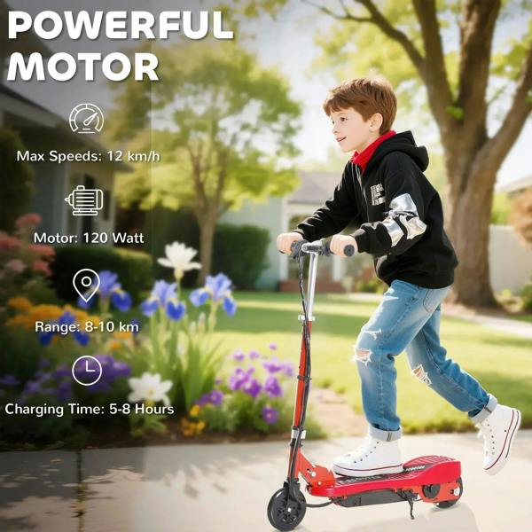 Red and black electric kids scooter with rider outdoors
