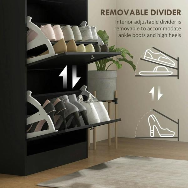 Black shoe cabinet with removable divider for flexible storage inside the flip shelves