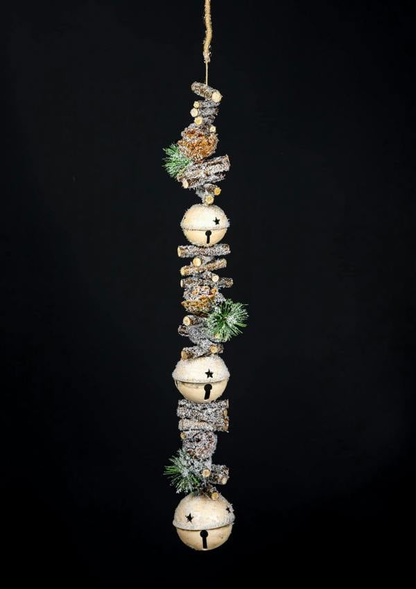 90cm Cream Hanging Christmas Decoration with Jingle Bells, Wooden Sticks, Berries and Pinecones image 1