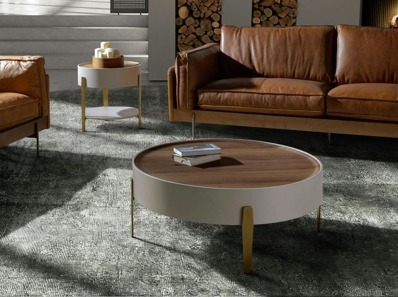 Angel Cerdá Round corner table walnut, beige wood and gold-plated polished steel 2150