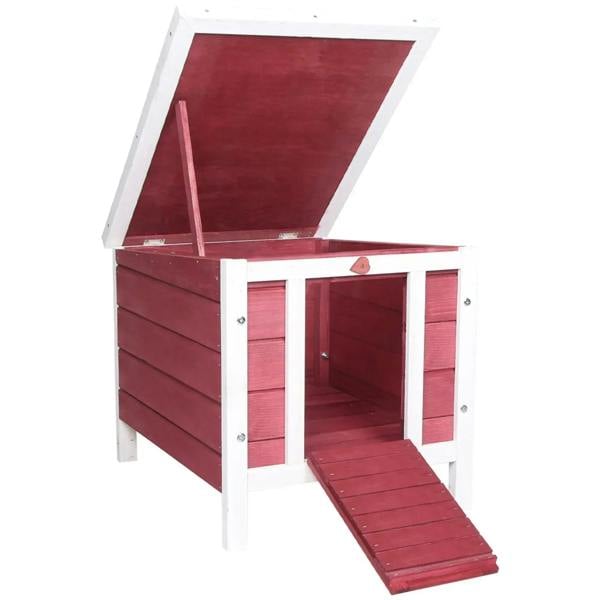 Red wooden rabbit hutch with open roof, front door, and attached ramp