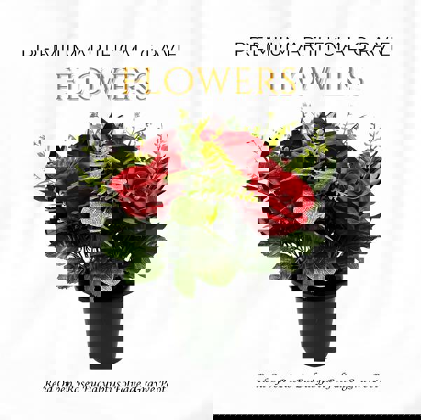 Memorials Direct Premium Artificial Grave Flowers – Red Open Roses with Eucalyptus (25cm) | Memorial Vase Pot