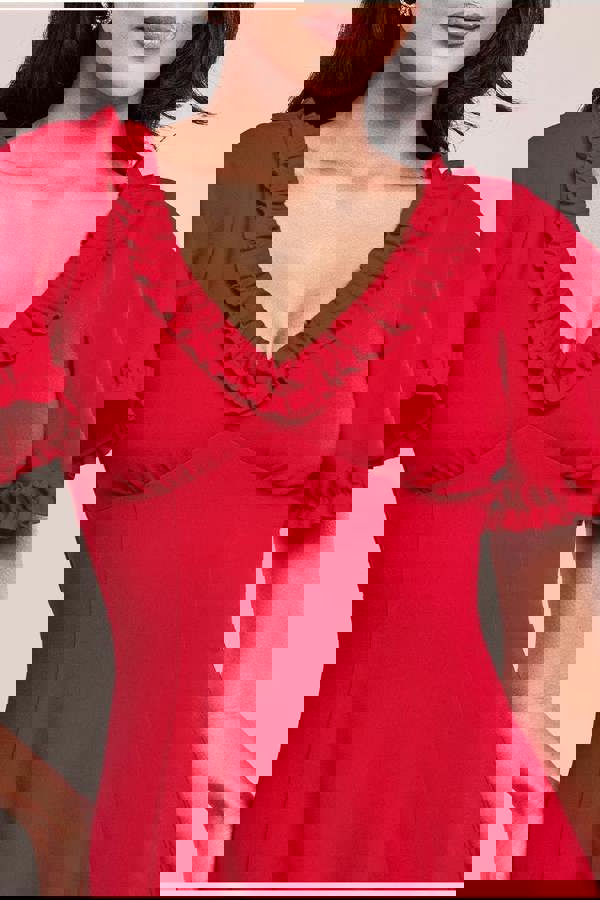 Flare Sleeve Frill Edge Midi Dress - Red DR4313