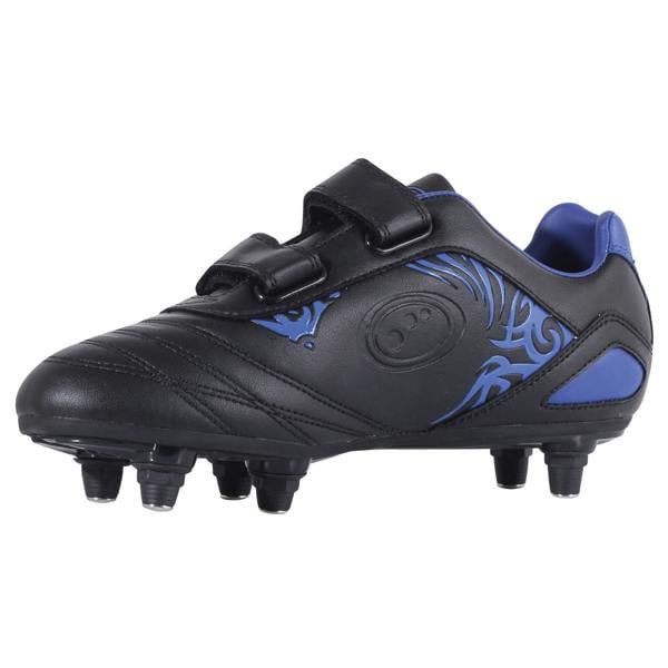 Black and blue junior Optimum Razor football boot, side view with blue tribal print and twin touch-fasten straps - Optimum