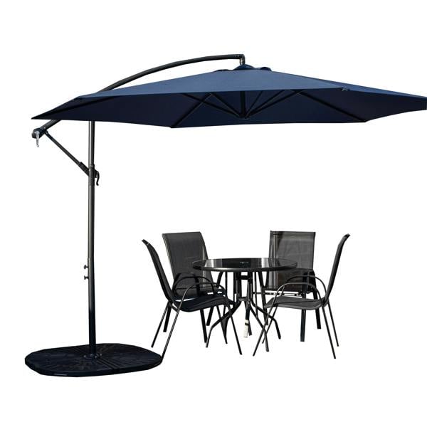 Samuel Alexander Outdoor 4 Person Round Glass Top Garden Dining Table Chairs With Blue Banana Parasol and Base