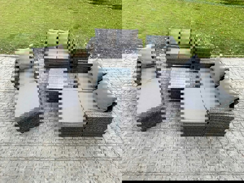 Fimous 7 Seater Outdoor Rattan Garden Furniture Set Conservatory Patio Sofa Coffee Table Set with Chair Side Table 2 Big Footstool Dark Grey Mixed