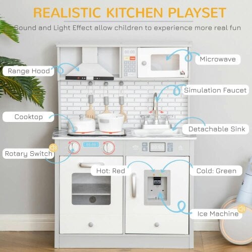 Bobobiy Kids Wooden Toy Kitchen Pretend Play Cooking Playset with Sound & Light Effect, Marble Pattern Countertop, for 3-6 Years Old