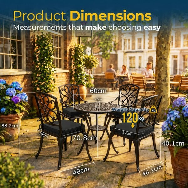 Homeology VIVALDI Black 5-Piece Cast Aluminium Garden Bistro Set - with Black Cushions