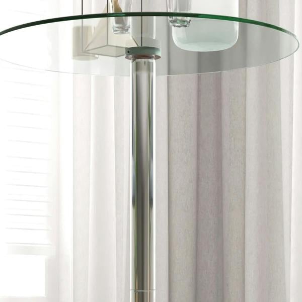Steel support column under clear round glass top for high bar table