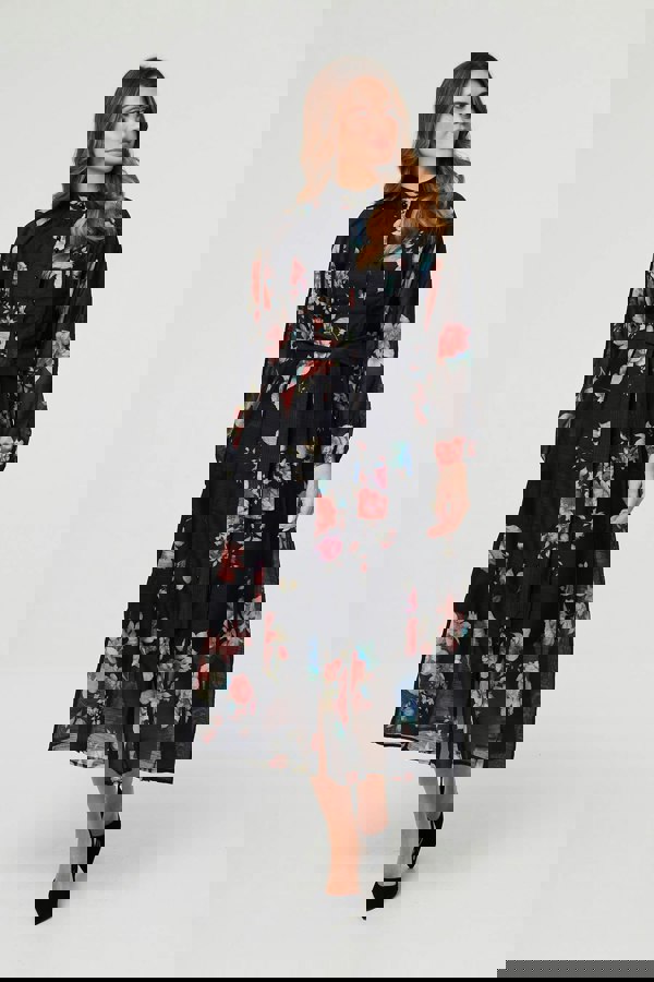 Black | Floral Semi Sheer Tie Waist Midi Dress
