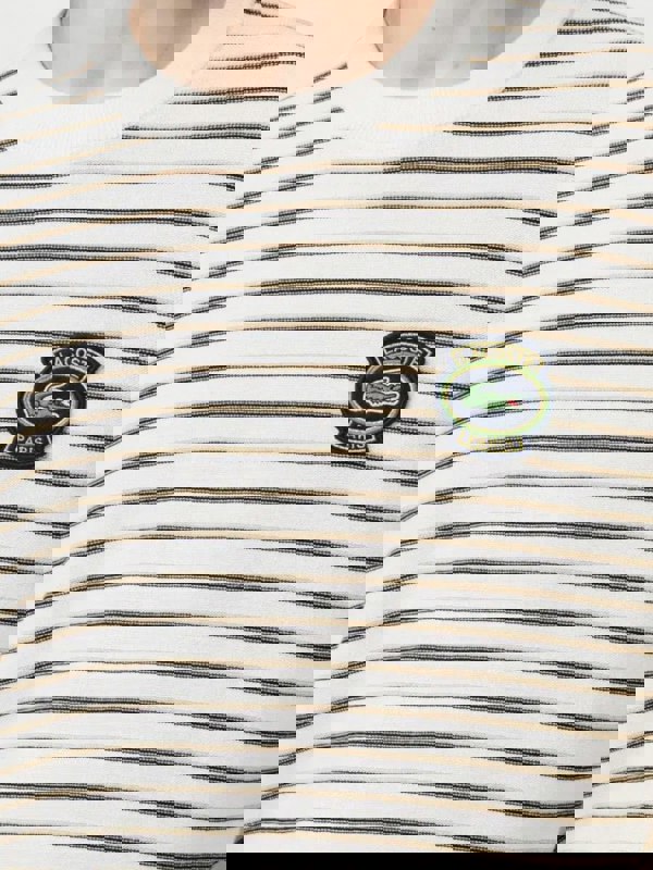 Lacoste Striped Cotton Badge Crew Neck Sweater White