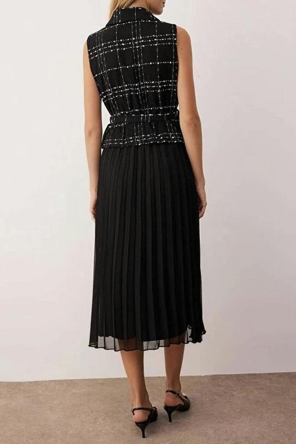 WOVCOR Tweed Belted Pleated Midi Woven Dress